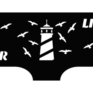 A black-painted steel fire pit panel featuring precision-cut nautical designs, including an anchor tied with rope, a lighthouse with birds flying around, and the phrase 'Life is Better by the Water'. The intricate cutouts create a stunning coastal scene.